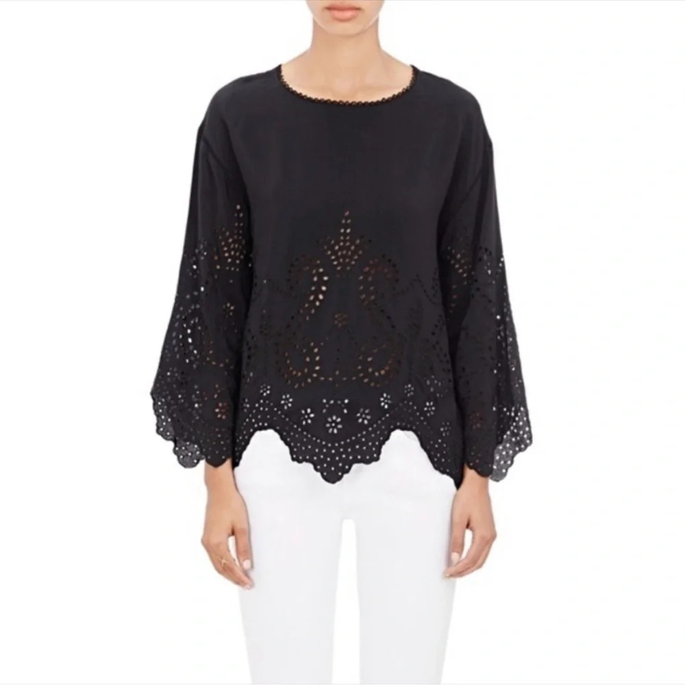 ULLA JOHNSON Althea Black Silk Eyelet Blouse. Quiet Luxury Old Money Size 2